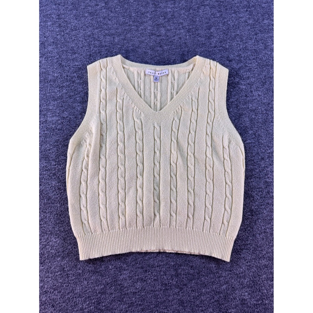 Haute Monde Cream Yellow Cable Knit V-Neck Sweater Vest Womens Medium